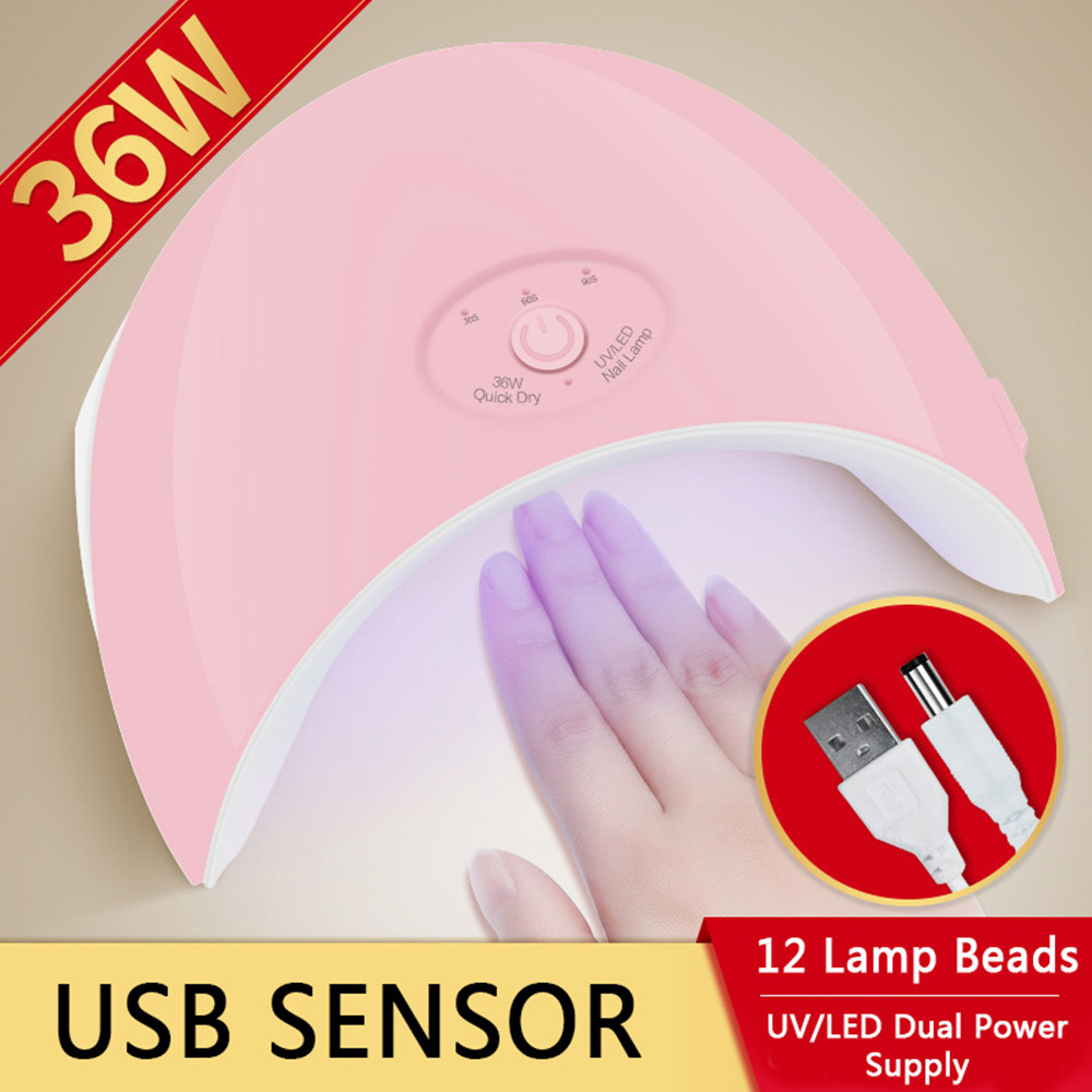 

36W UV LED Lamp Portable USB Nail Dryers Fast Curing All Gels 30s 60s 90s Manicure Machine For Home Salon, Pink