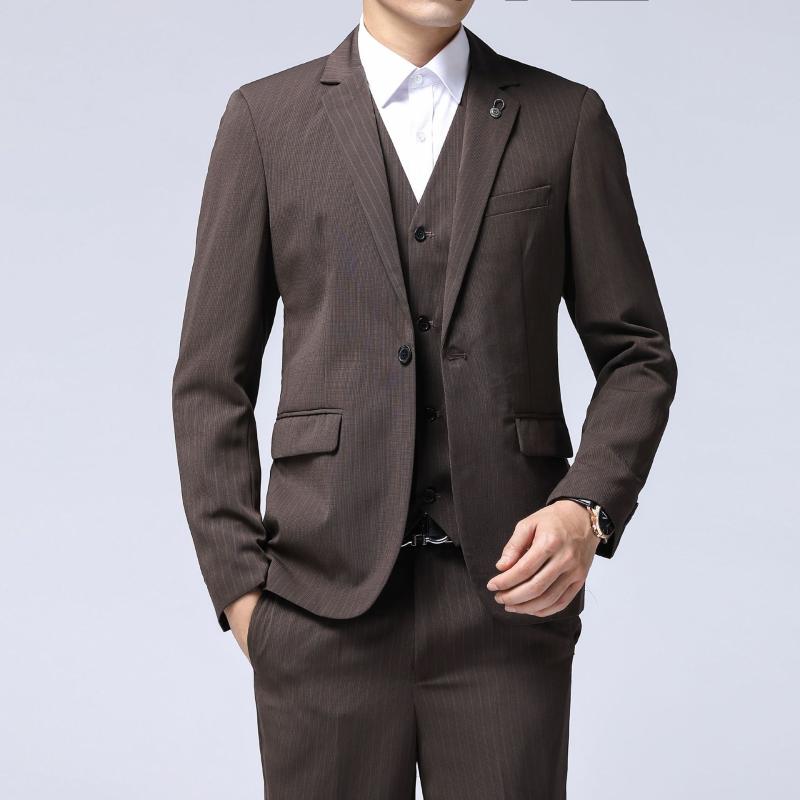 

Men's Fashion Slim Striped Suits Business Formal Groom Suit 3 Pieces One Button Blazers Jacket Pants Trousers Vest Sets -4XL, Coffee