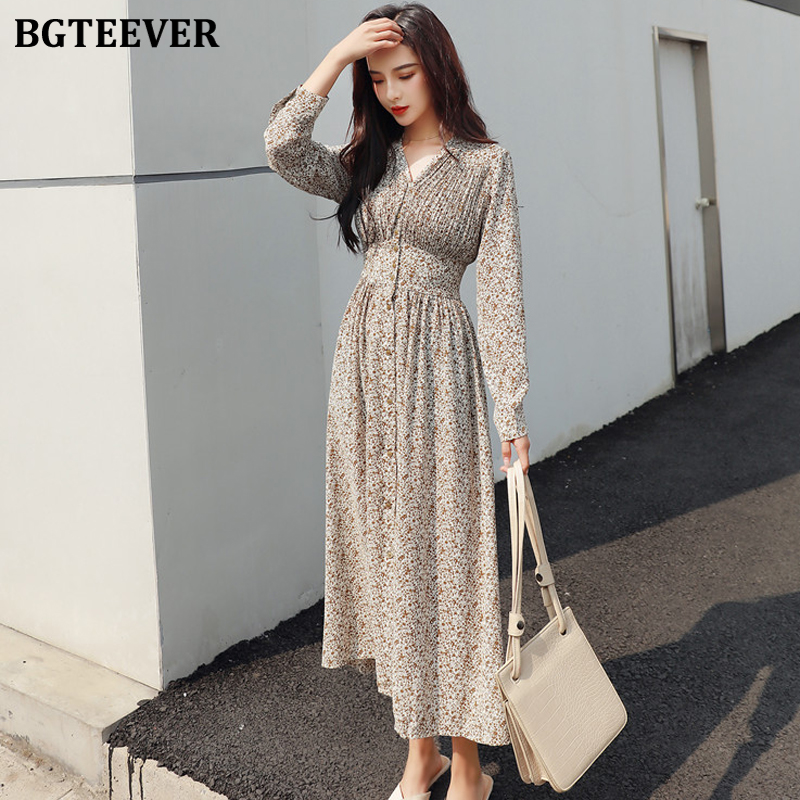 

BGTEEVER Vinatge Single-breasted V-neck Floral A-line Women Dress 2020 Full Sleeve Slim Elastic Waist Chiffon Midi Female Dress, Black
