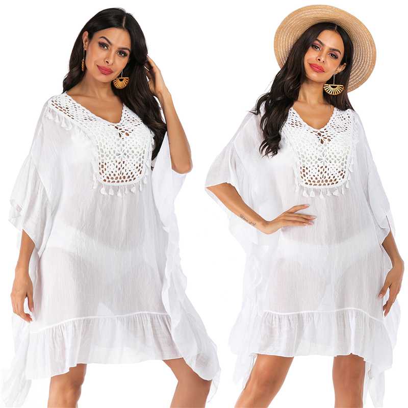 

White Beach Dress Women Summer Tassel Free Size Cover Up Fashion Female Beach Wear Bathing Suits Cover Up Women Dresses