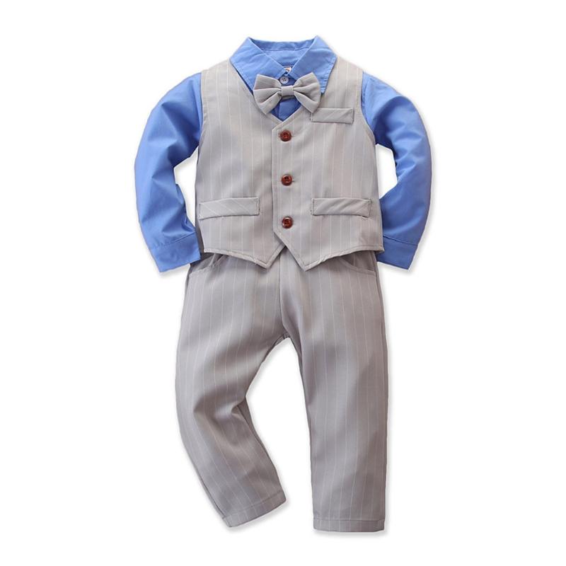 

KANCOOLD boy fashion gentleman wear solid color bow tie lapel shirt with button pocket pocket vest + striped trousers 3PCS, Blue