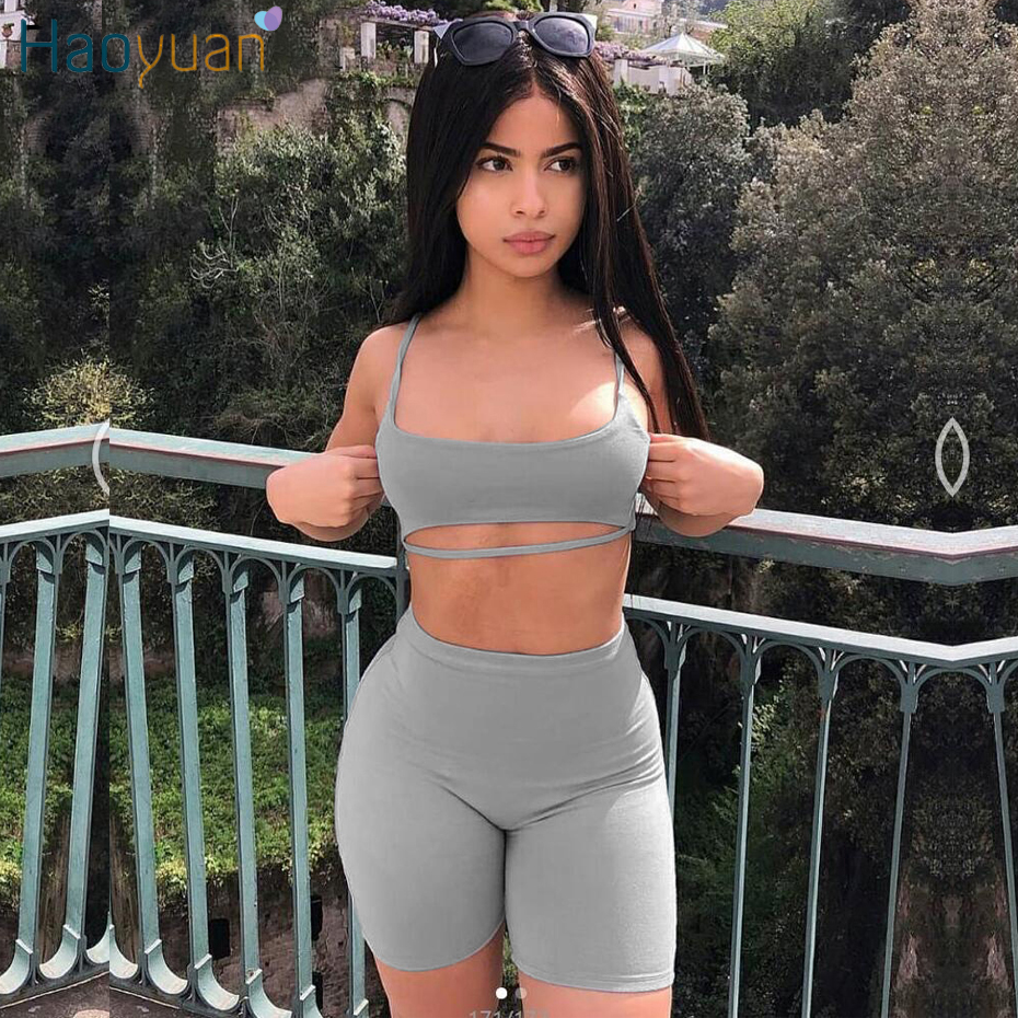 

Sexy Two Piece Set Women Bodycon Matching Sets Crop Tops and Biker Shorts Sweat Suits Summer Outfits 2 Pcs Tracksuit, Gray