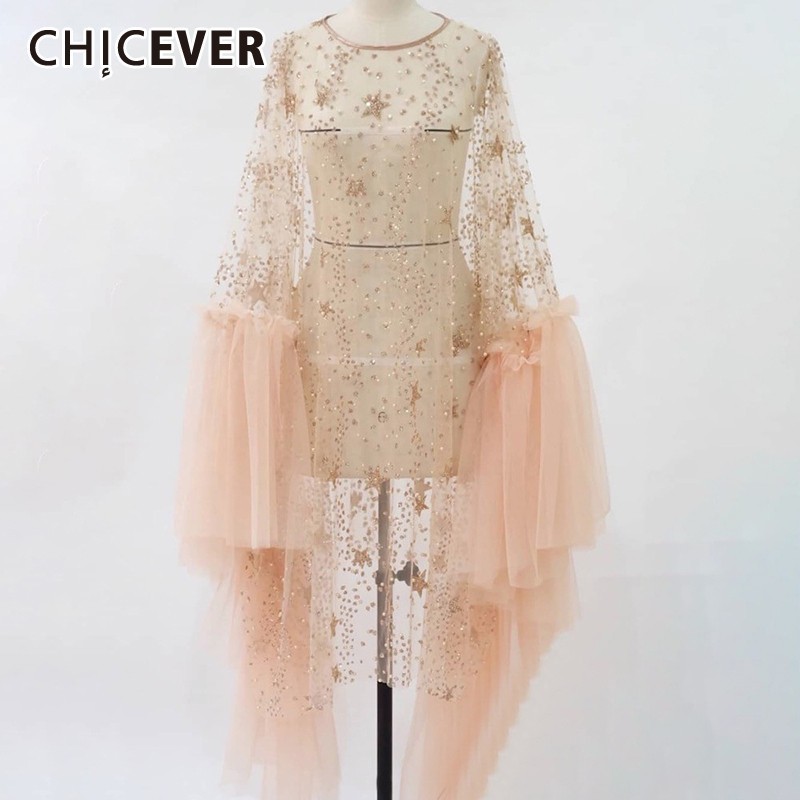 

CHICEVER Summer Patchwork Sequins Mesh Perspective Women Coat O Neck Ruffles Hem Slim Female Long Pullover Clothing 2019 New, Black