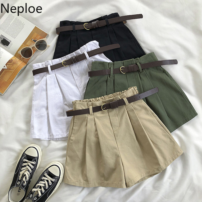 

Neploe 2020 Summer Women Shorts Belt Stretch High Waist Solid Bottoms Fashion Wide Leg Shorts Feminino New Arrival 1C935, White