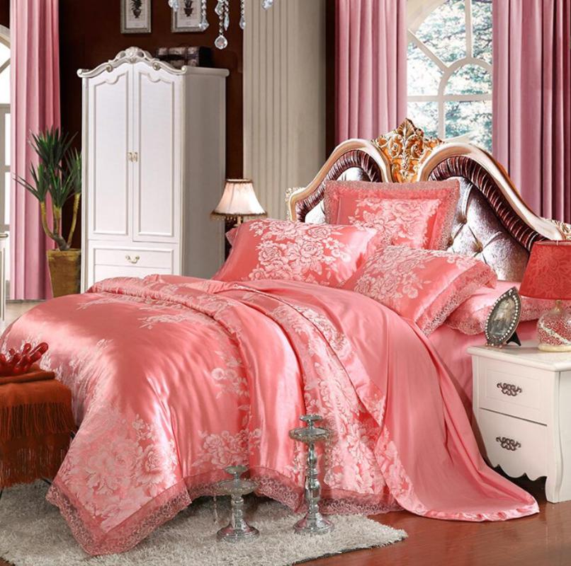 

Silky Satin Jacquard Lace Duvet cover Bedding set King Queen size Princess Bedsheet set Pillow shams parure de lit adulte