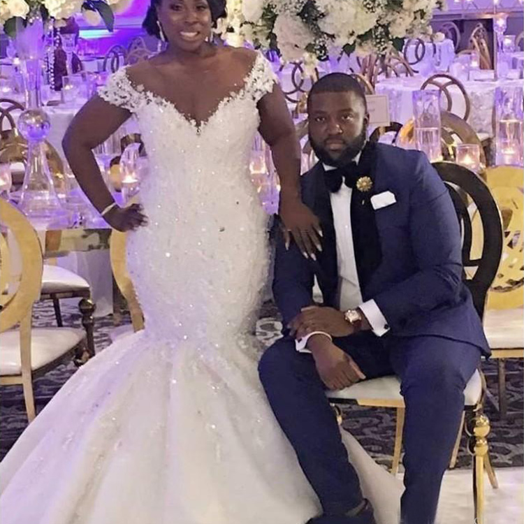 

2020 African Mermaid Wedding Dresses Plus Size Sheer V Neck Appliques Beads Sequins Bridal Gowns Short Sleeve Sweep Train vestidos de novi, Daffodil