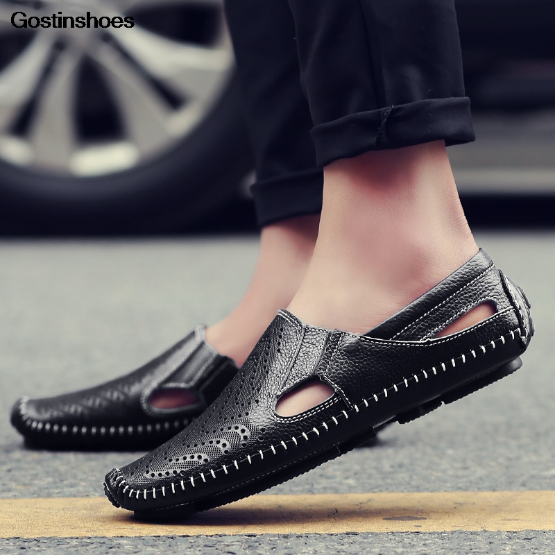 

Sandales Homme Sandalen New Full Grain Leather Hollow Out Punching Genuine Leather Shoes Summer Casual Fashion Sandles Mens, Black