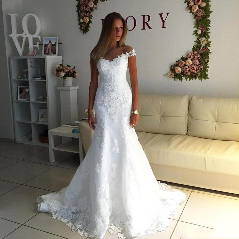 

Custom Off Shoulder Full Lace Mermaid Wedding Dresses 2020 with Appliques Sweep Train Plus Size Wedding Bridal Gowns, Red