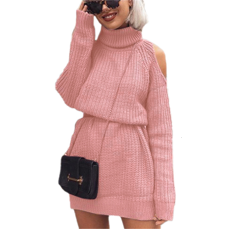 

Knitted turtleneck sweater dresses women fall winter long sleeve mid long sweater pink off shoulder loose sexy casual sweaters