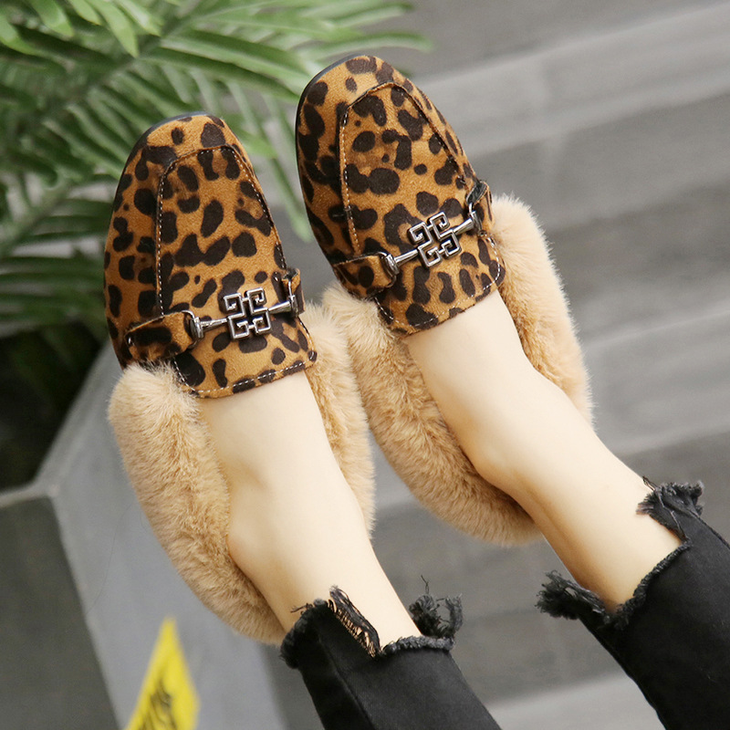 

Fur pumps women leopard shoes winter block heels brand loafers woman animal prints plush shoes women, Brown