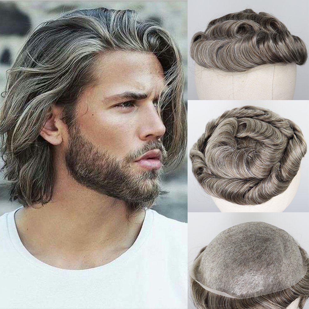 

Mixed Grey Human Hair Toupee for Men Wig Brazilian Remy Human Hair Replacement System Thin PU 8x10 Men's Toupee, Natural color