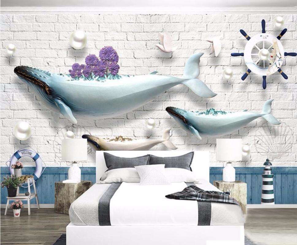 

CJSIR Custom Photo Wallpaper Mural Sticker Ocean Whale Lighthouse Sailing Boat Brick Mediterranean Continental Backdrop Wall, As the pictures