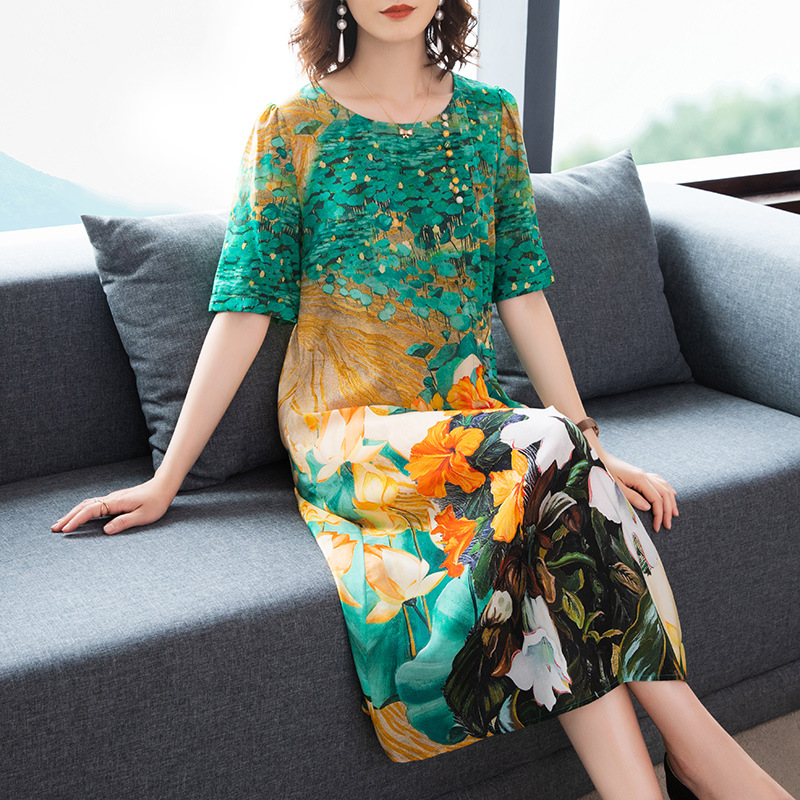 

Elegant Retro Mother Women Floral Dress Plus Size Short Sleeve Summer Vestido High Quality Soft Ladies Silk Dresses Pleated Robe, Blue