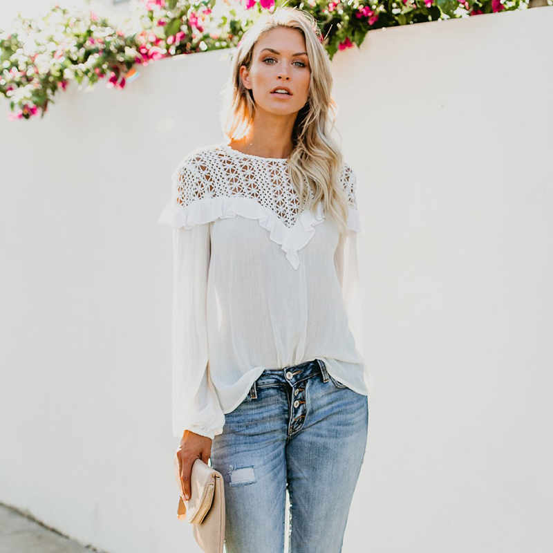 

Women' Blouses Autumn Fashion Woman Blouses 2020 Hollow Lace Long Sleeve O Neck Backless Shirt Casual Ladies Clothing Tops, White