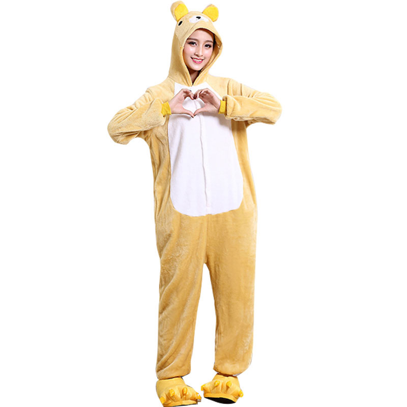 

Rilakkuma Bear Onesie Adult Women Men Pajama Animal One piece Overall Thick Soft Yellow Sleep Jumpsuit Holiday Festival Wear, As picture