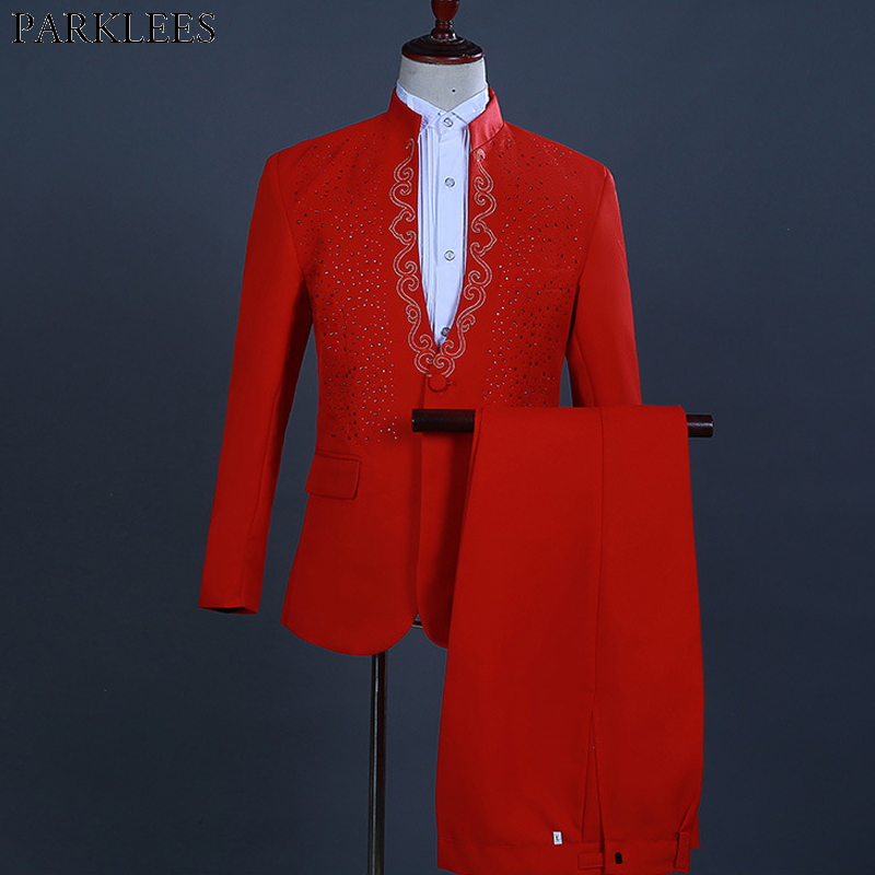 

Mens Stand Collar One Button Diamond Stylish Suits With Pants Brand Slim Fit Gold Embroidery Wedding Groom Tuxedo Suits Men Red, Black