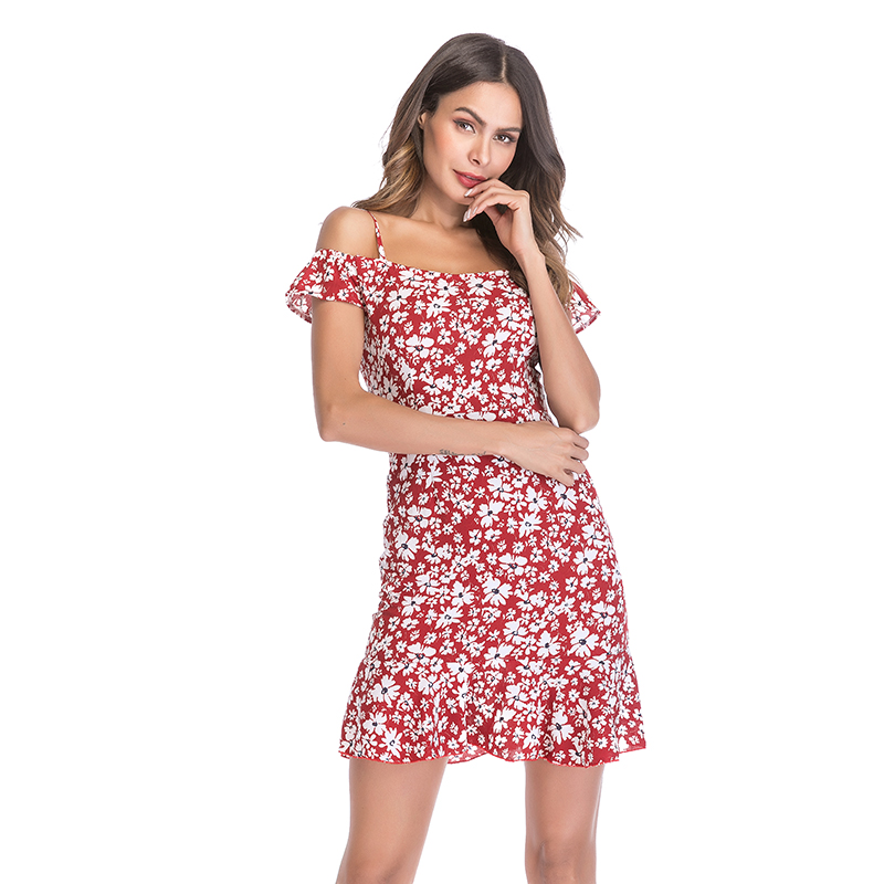 

2020 Sexy Chiffon Women' Dress Tank Top off-Shoulder Floral-Print Women Dresses Woman Clothing Flounced Beach Dress For Female, Gray