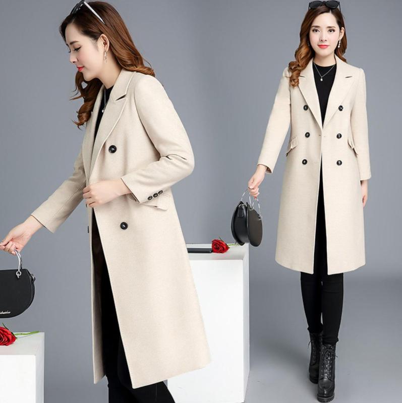 

Autumn Winter Coat Slim Double Breasted Over Coat Woman Trench Long Women Woollen Plus Size Overcoat Femmino Bussiness, Beige