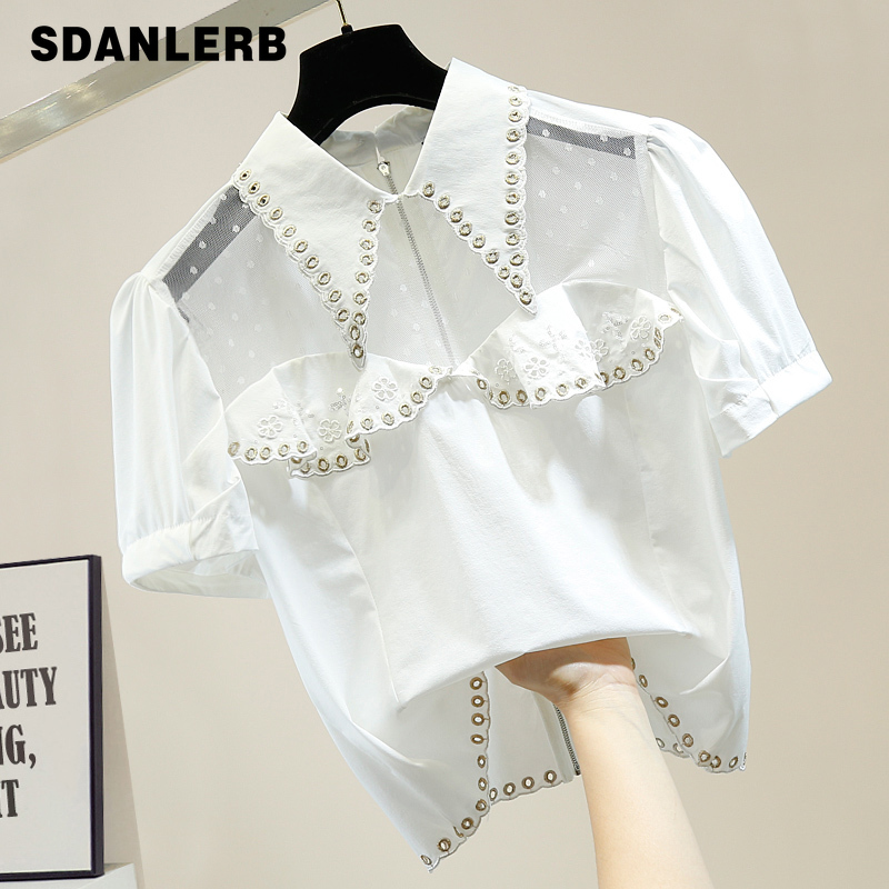 

Women' Summer Top Sequins Sweet Bubble Sleeve Behind Zipper Short Mesh Splicing Hollow Sexy Embroidered Flower Shirt Blusas, Black