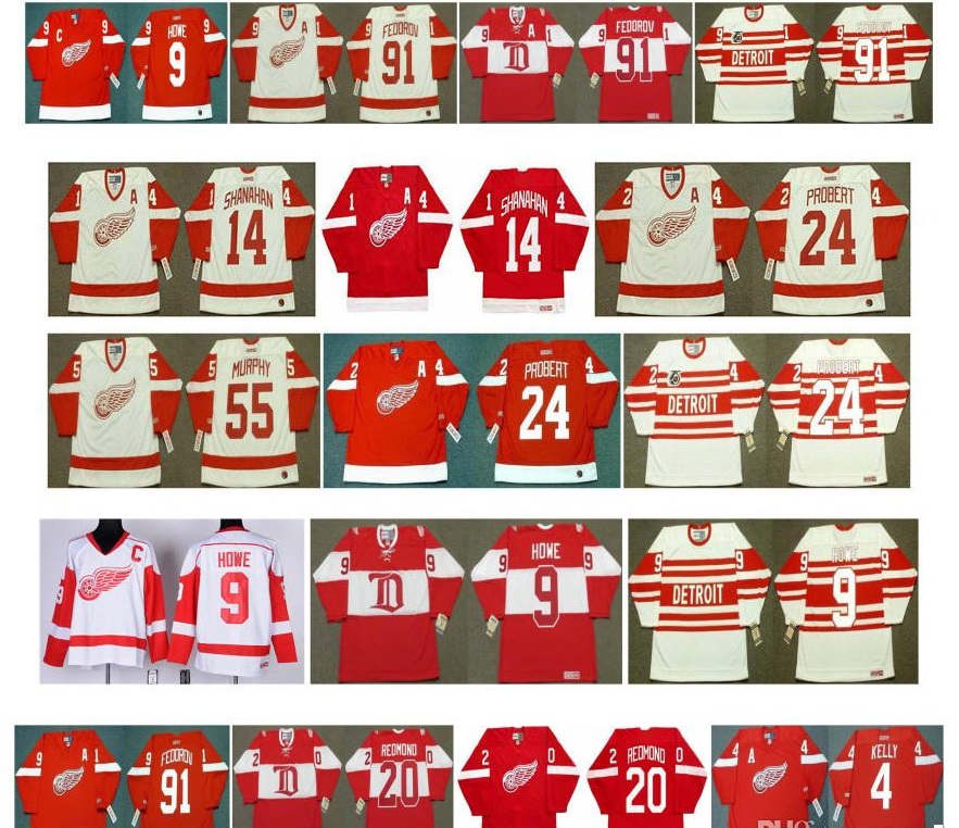 

Vintage Detroit Red Wings Jerseys 14 Brendan Shanahan 24 BOB PROBERT 55 LARRY MURPHY 9 Gordie Howe 91 Sergei Fedorov 20 REDMOND CCM Hockey, Colour 3