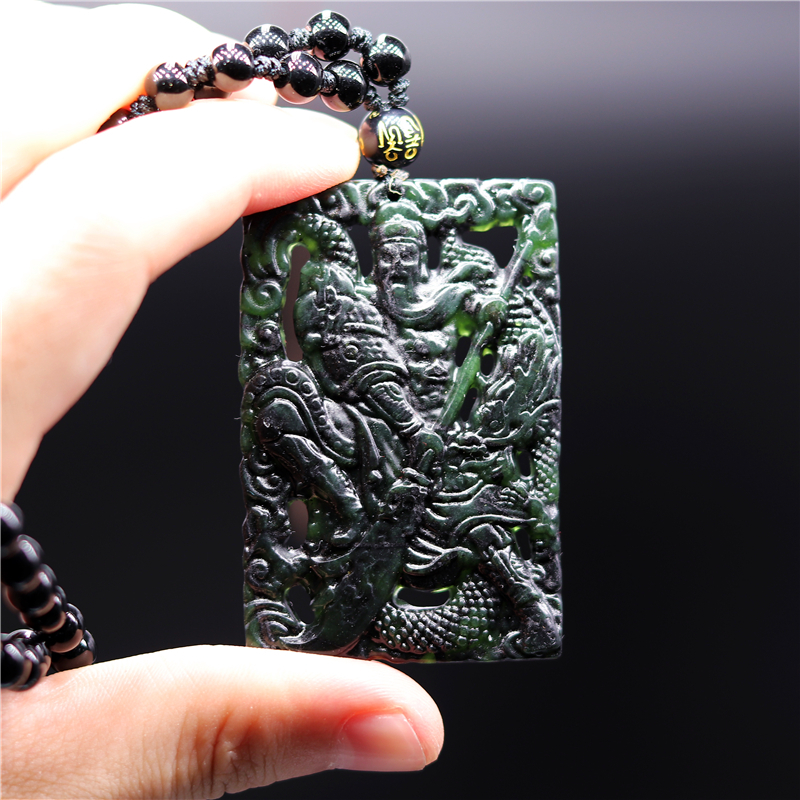 Natural Dark green Hand-carved Chinese Jade Pendant 关公 guan gong-Free Necklace