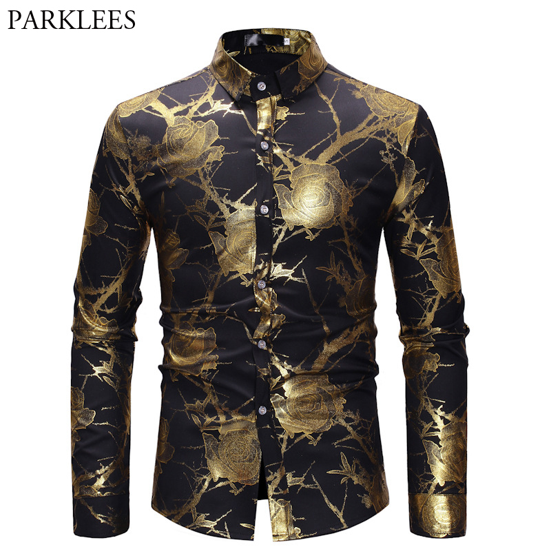 

Mens Hipster Gold Rose Shirt Men Floral Print Chemise Homme 2018 Luxury Slim Long Sleeve Mens Dress Shirts Black Camisa Social, Navy blue