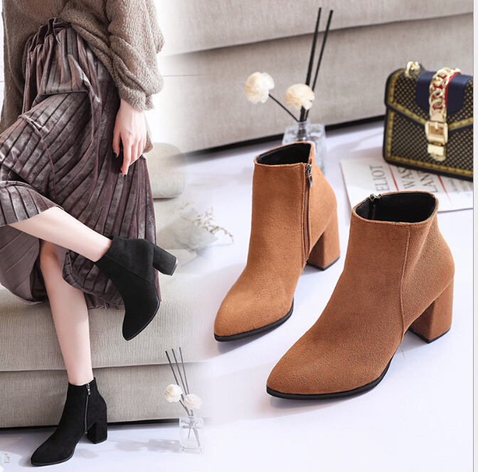 

Autumn thick with side zipper suede short boots Korean version of the pointed fashion Martin boots women's high heel wild women's boots whol, Black