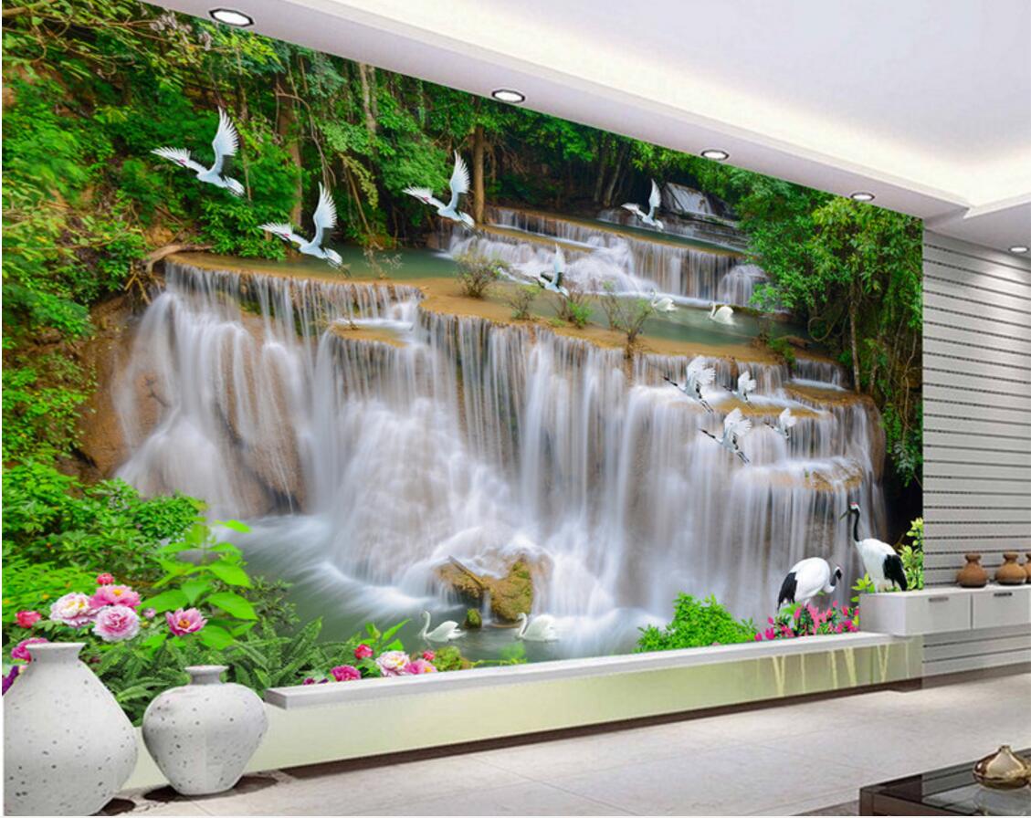 

WDBH 3d wallpaper custom photo Waterfall river forest white crane background living room home decor 3d wall muals wall paper for walls 3 d, Non-woven