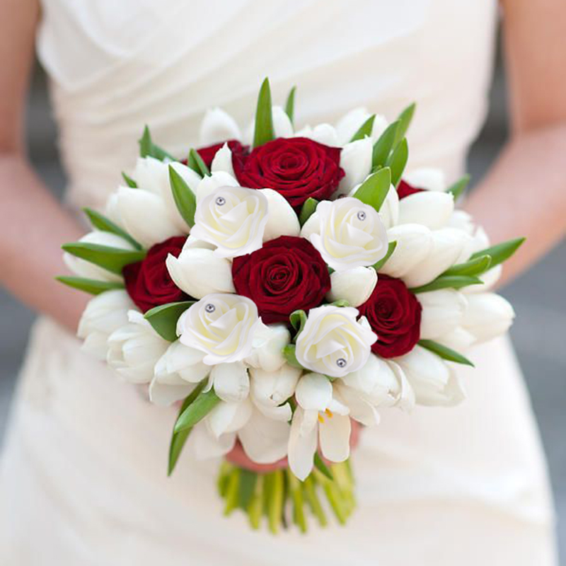 

10pcs 5cm White Foam Rose With Rhinestone Artificial Diamond Flowers Bridal Bouquet DIY Garden Home Wedding Decorative Fleurs, B04