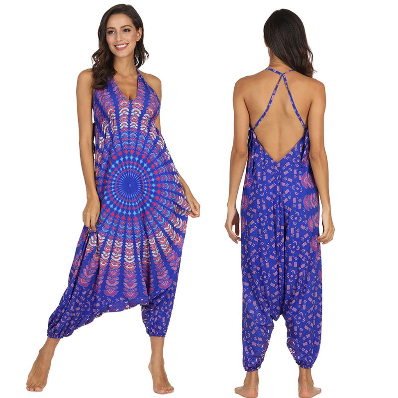 

Women Print V-Neck Jumpsuit Loose Playsuit Gym Yoga Jogging Fitness Harem Pants
