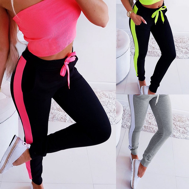

2020 New Summer Women Pants Fashion Contrast Color Regular Pencil Pants Casual With Sashes Female Sporting Full Length, 2-zc3266-pink black