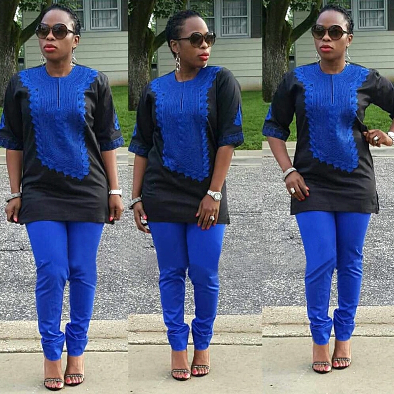 

H&D 2019 African women clothing African Traditional set riche bazin embroidery design dresses blue black lady top with pants