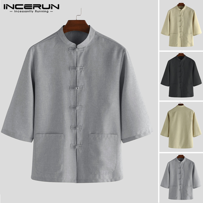 INCERUN Men Solid Color Shirt Button Up Half Sleeve Vintage Casual Stand Collar Chinese Style Shirts Male Tang Suit S-5XL Camisa