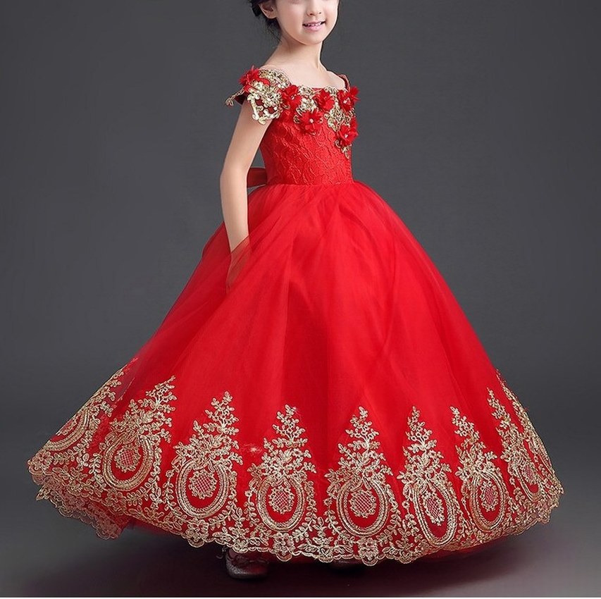 

Luxury Gold Appliques Ball Gown Off the Shoulder Red Long Girls Pageant Dresses Kids Prom Party Dresses Flower Girl Dresses YTZ104, Same as image