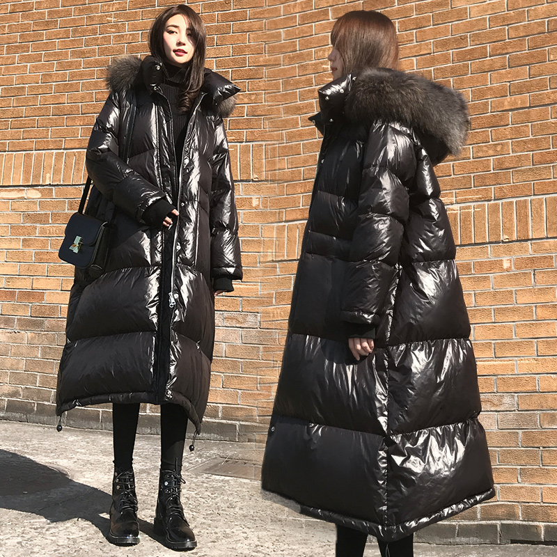 

2019 winter women down coat fashion brand with big fur collar hooded warm down jacket female longer coat free shipping, Black