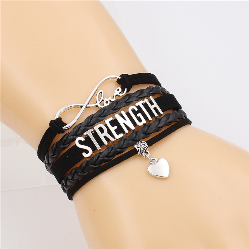 

New Fashion Antique Strength Alphabets Leather Bracelets Heart Charm Vintage Jewelry Gift For Women Men Dropshipping