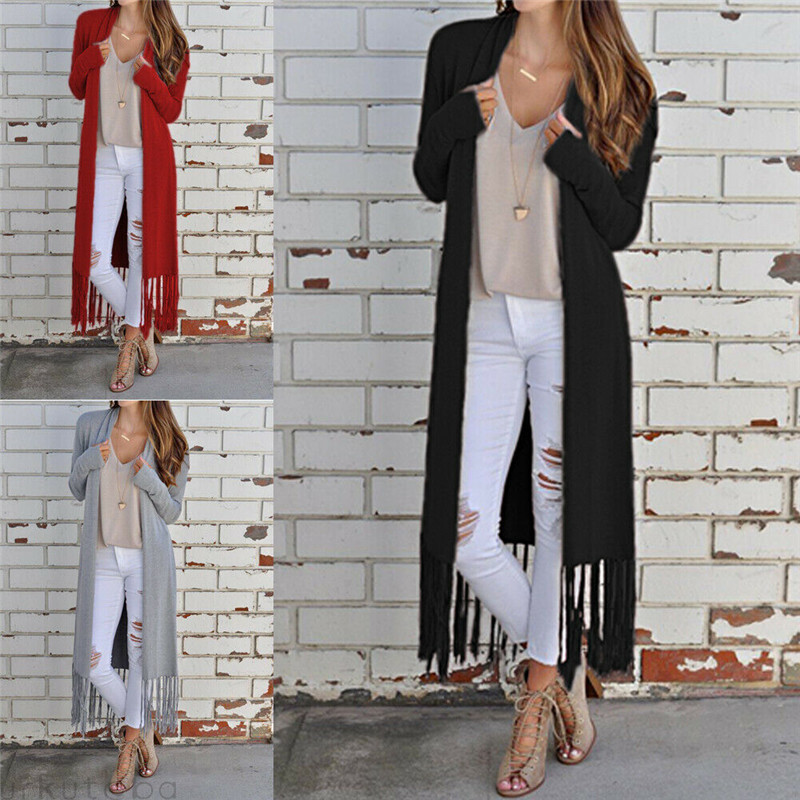 

2019 New Women Retro Tassels Cardigan Jacket Coat Outerwear Long Tops Fall Autumn Warm Sweater Knitted Long Sleeve Coat Kimono, Black