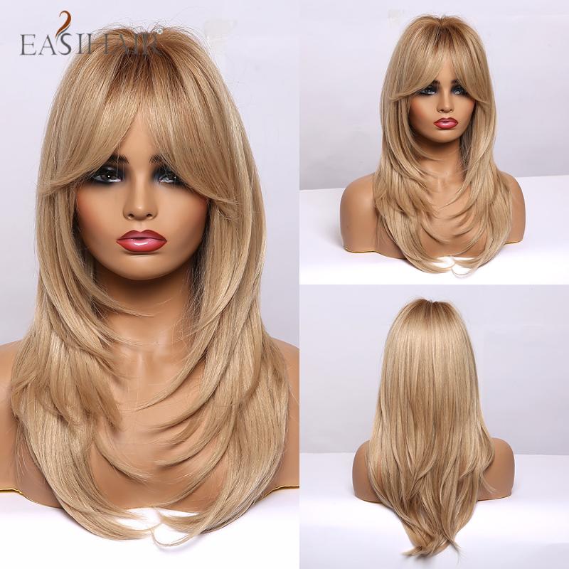 

EASIHAIR Medium Long Straight Ombre Light Brown Blonde Highlight Synthetic Wigs With Bangs Heat Resistant Cosplay Wigs for Women, Lc242-3