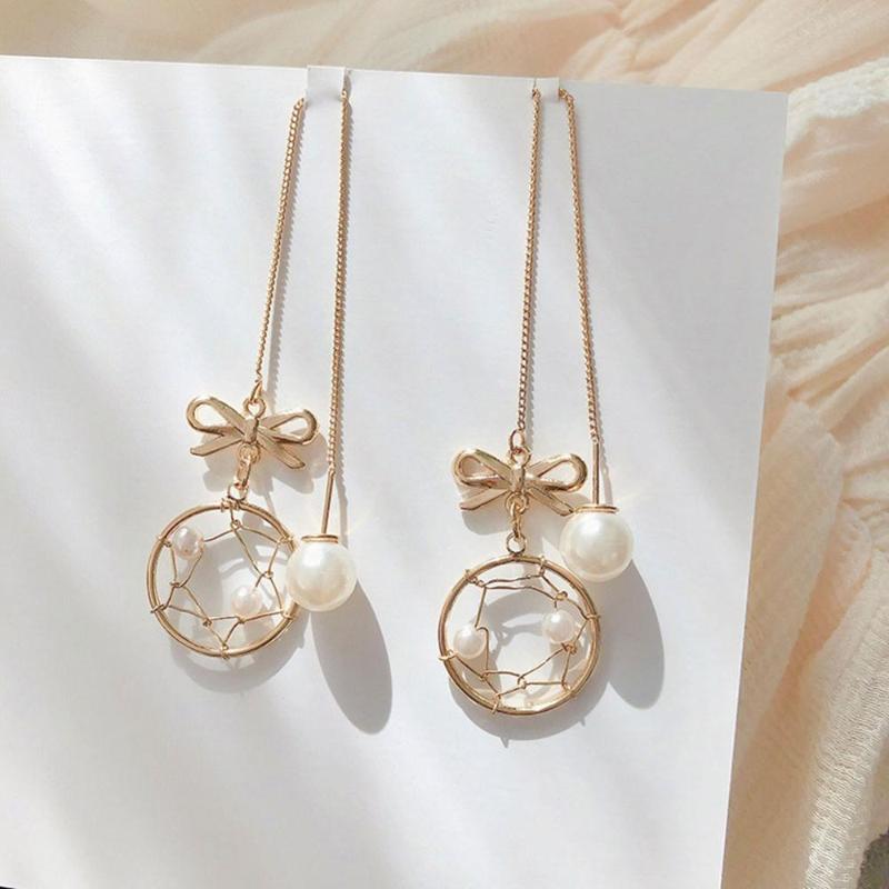 

Gold Color Bowknot Long Ear Line Fashion Retro Pearl Bow Dream Catcher Pendant Drop Earrings Women Jewelry Gift