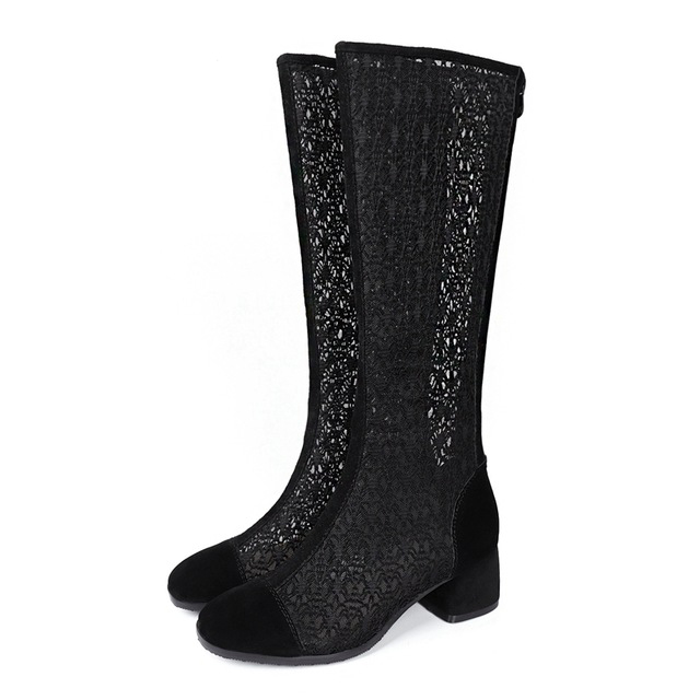 

Hollow Out Knee High Boots for Women Round Toe Zipper High Heel Summer Solid Black Boots Female Botas Feminina