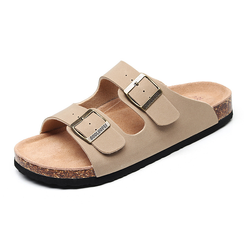 

2019 New Men's Leather Mule Clogs Slippers High Quality Soft Cork Two Buckle Slides Footwear For Men Women Unisex 35-46