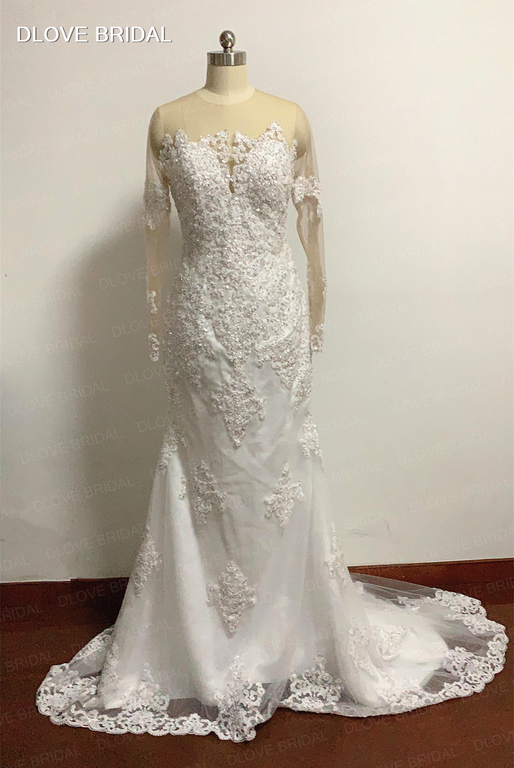 

Stunning Illusion Long Sleeve Wedding Dress Heavy Crystal Beaded Sheath Lace Vestido De Noiva High Quality Bridal Gown Real Photos, White