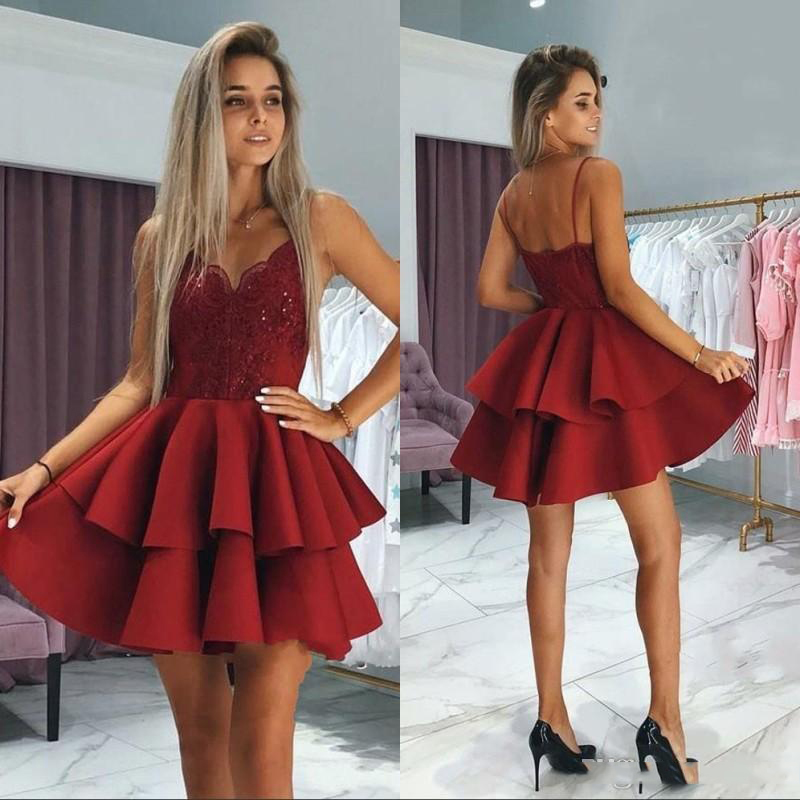 

Charming Dark REd Short Cocktail Dresses With Lace Sequin Appliqued Tiered Satin A Line Homecoming Dresses Cheap, Hunter