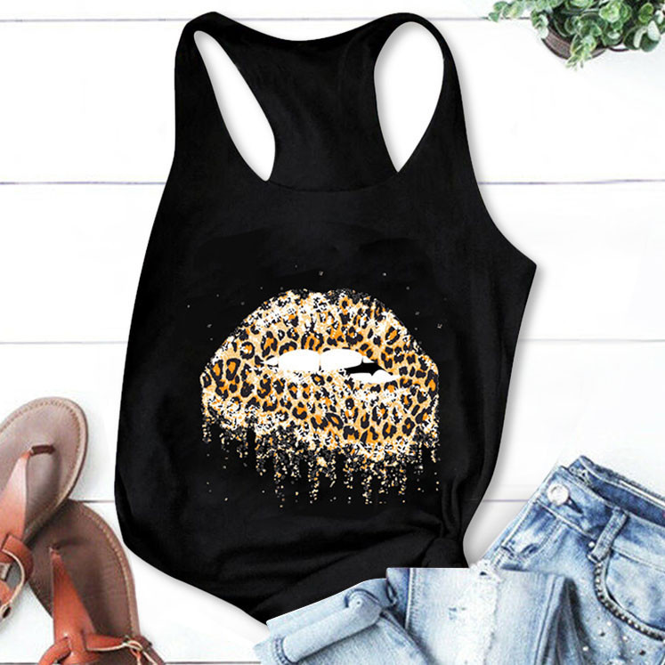 

Harajuku Lip Leopard Print Women Tanks Tops Sexy Sleeveless Fitness Sports Quick Dry Camisole Woman Casual Loosetops Tee Shirt, Black