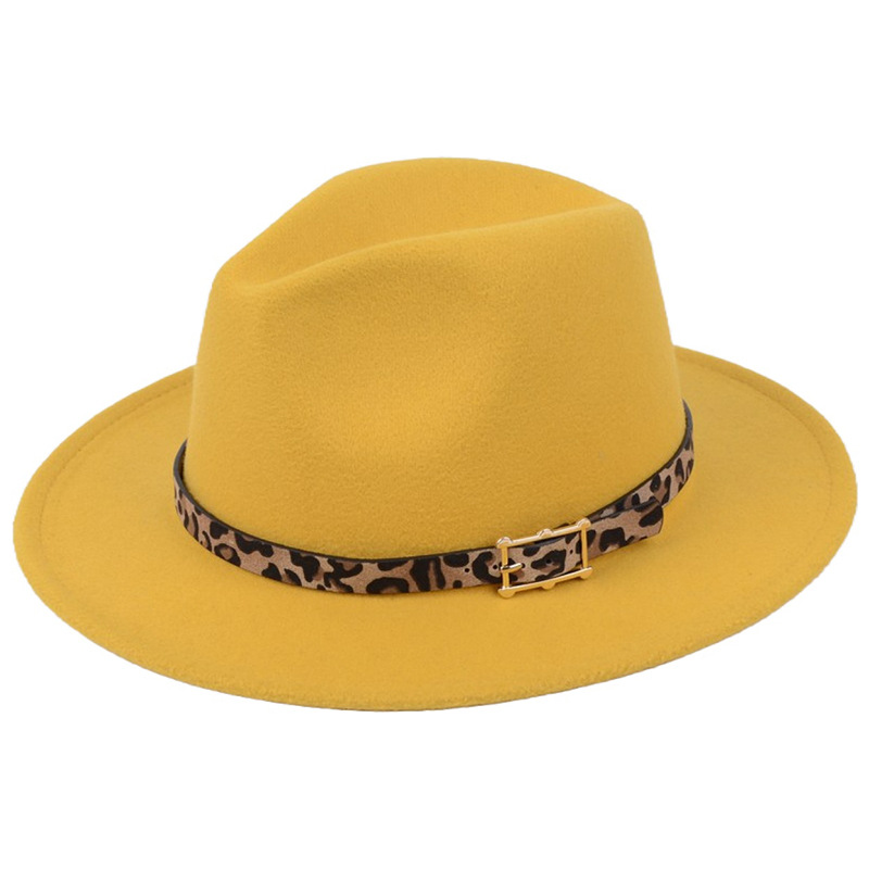

Fashion Wide Brim Fedora Hats Leopard Print Belt Decorate Wool Felt Fedoras Hat Caps Men Women Jazz Panama Cap Trilby Sombrero, Yellow