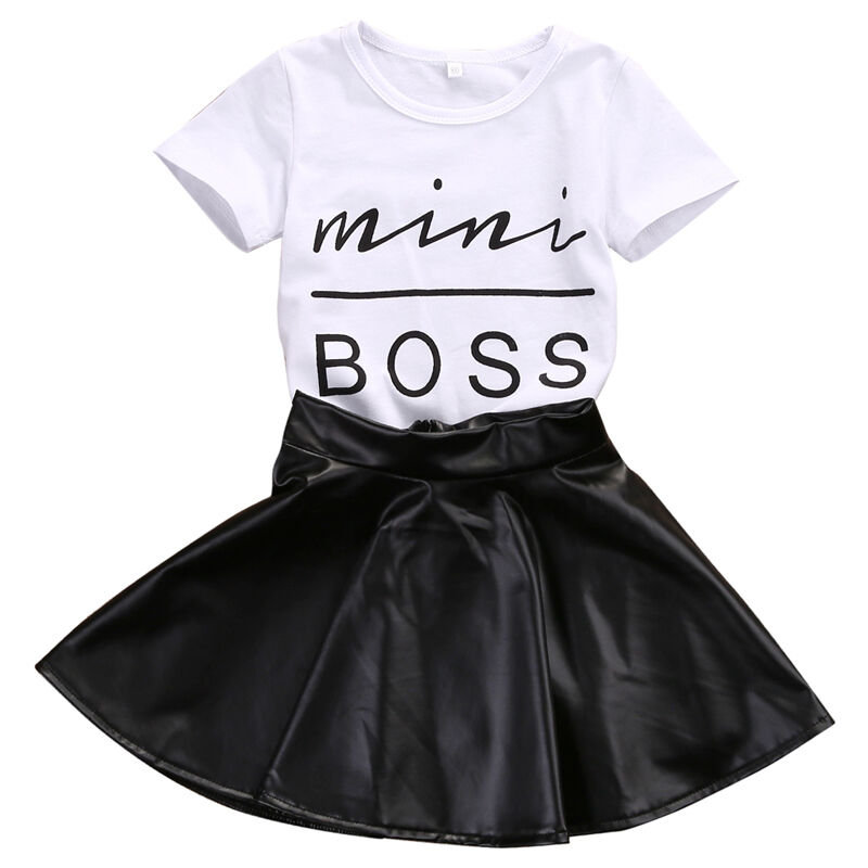 

New Fashion Toddler Kids Girl Clothes Set Summer Short Sleeve Mini Boss T-shirt Tops + Leather Skirt 2PCS Outfit Child Suit, White