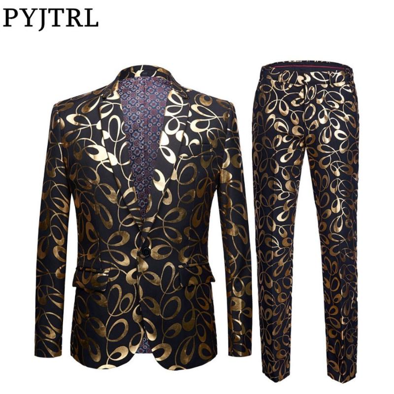

PYJTRL Brand New Tide Male Gold Floral Pattern Slim Fit Mens Suits With Pants Wedding Groom Tuxedo Singer Costume, Jacket and pants