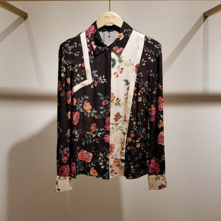

Women Shirt 2019 Spring and Summer New Vintage Printed Contrast Shirt, Black