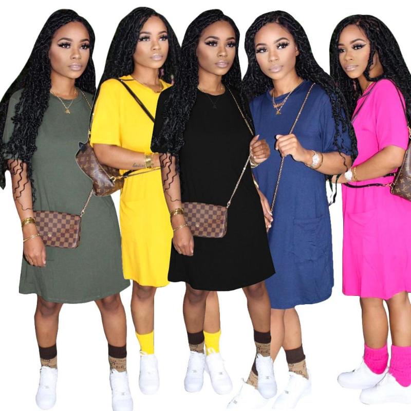

Plain color casual dress round collar loose pocket short sleeve T-shirt dress summer new hot selling fashion women, Black