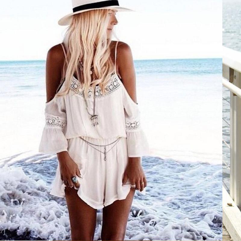 

Summer Fashion Women Jumpsuit Bohemian Off the Shoulder Rompers Lace Casual Loose Overalls V-Neck Sexy Chiffon Beach Bodysuit, As pic